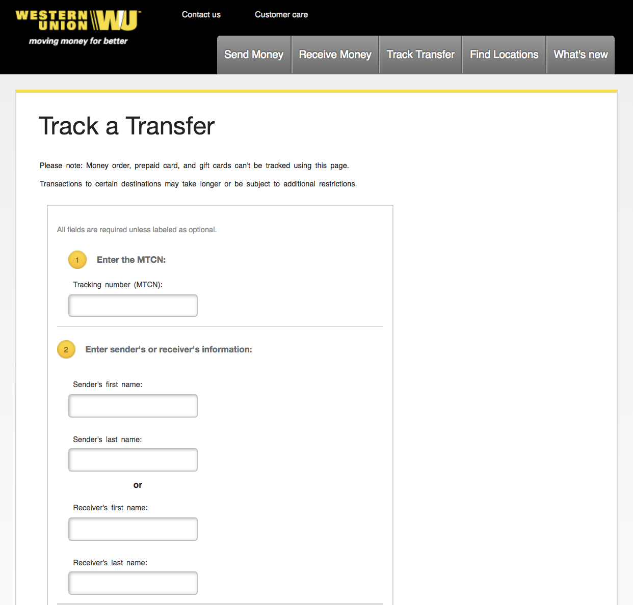 Sample tracking page for Western Union.