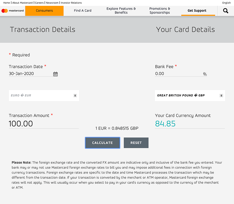 Screeshot of the Mastercard online currency conversion tool