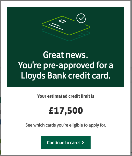 Screenshot of an estimated credit limit in Lloyds' credit card eligibility checker tool.