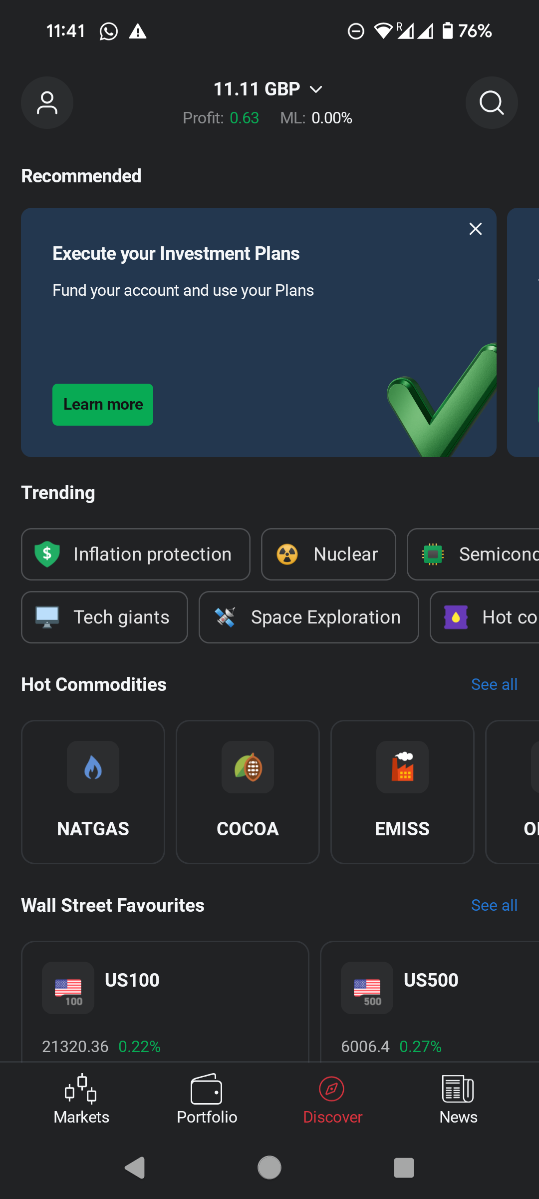Screenshot of the XTB app showing the discover tab