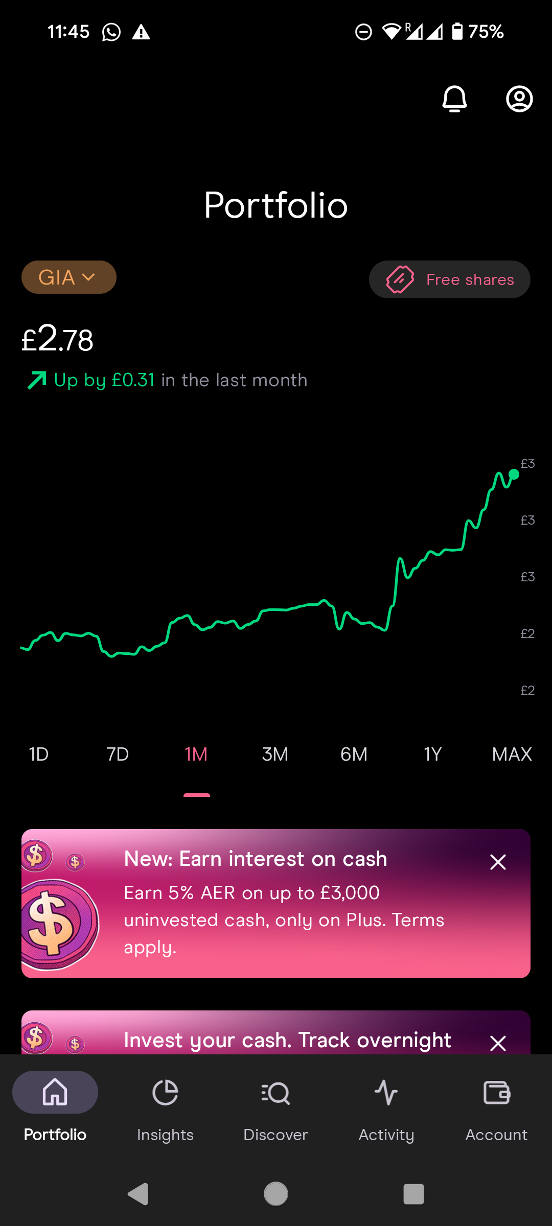 Screenshot of the Freetrade app showing the initial portfolio screen