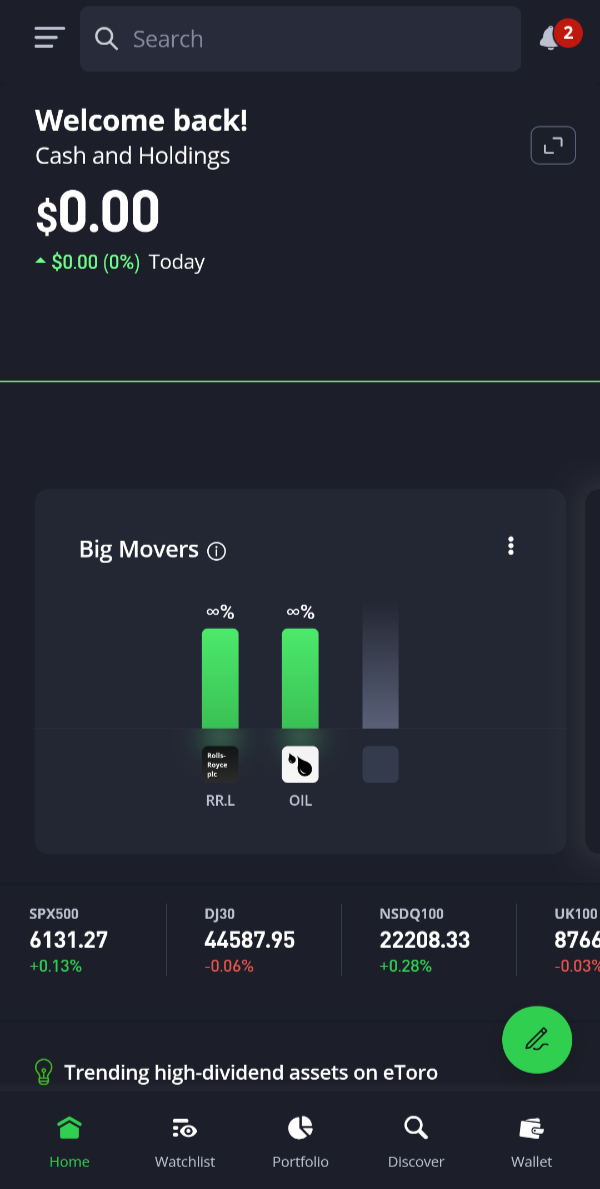 Screenshot of the eToro app showing the initial load screen
